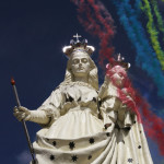 Fireworks are seen at the inauguration of the statue of the Virgin of the Socavon, the patron saint of miners, at Santa Barbara hill on the outskirts of Oruro